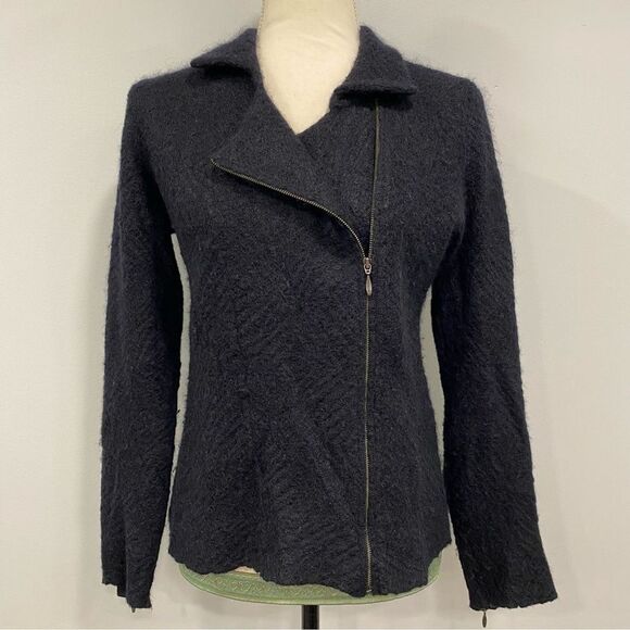 EILEEN FISHER S Black Cats Mohair Moto Sweater Jacket Asymmetrical Zip: Flaw - Picture 1 of 16